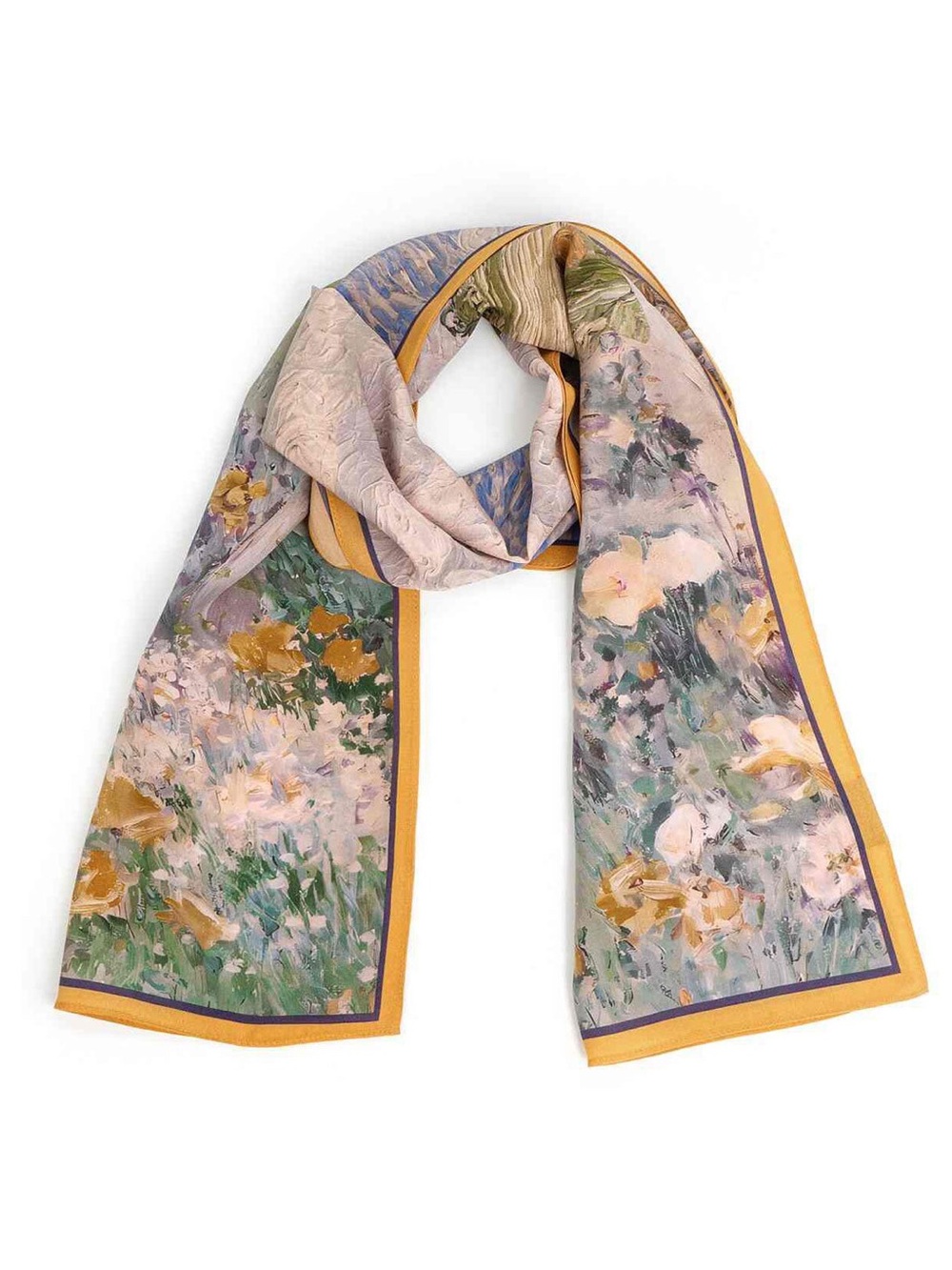 Floral Landscape 100% Mulberry Silk Scarf Wrap in Yellow & Blue